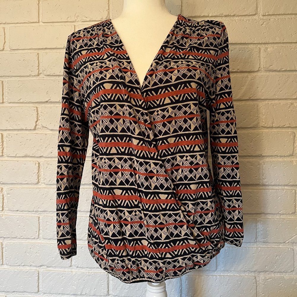 Lucky Brand Multi Colored Aztec print wrap top with 3/4 ruched sleeves